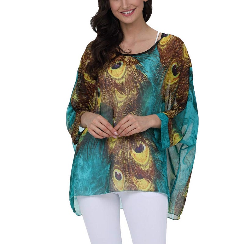 Ckikiou Plus Size Batwing Flowy Semi Sheer Chiffon Blouse Tunic for Women Summer Floral Print Boho Beach Cover ups - Image 3